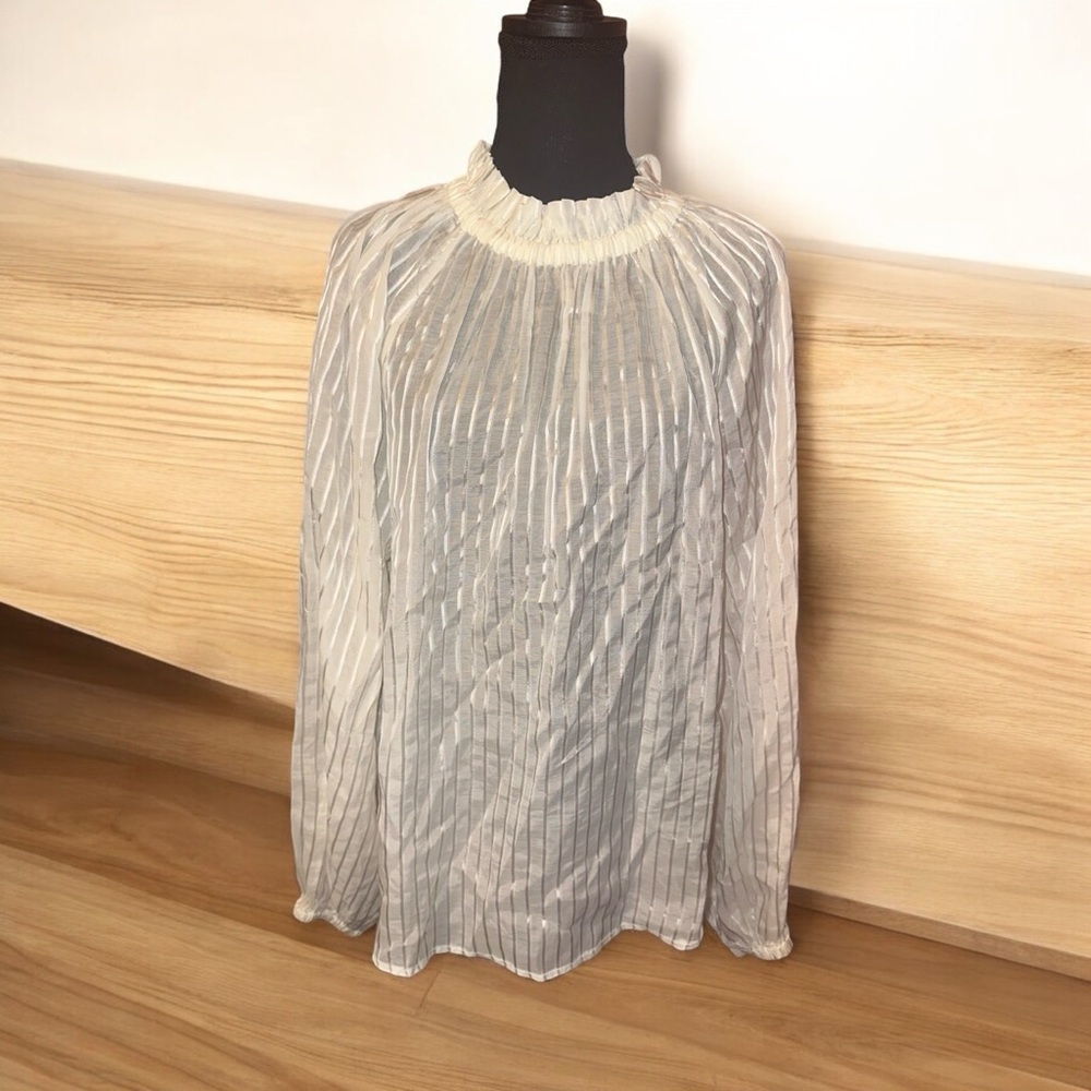 Ann Taylor Ruffle Neck Balloon Sleeve Stripe Blouse NWT - Picture 2 of 9